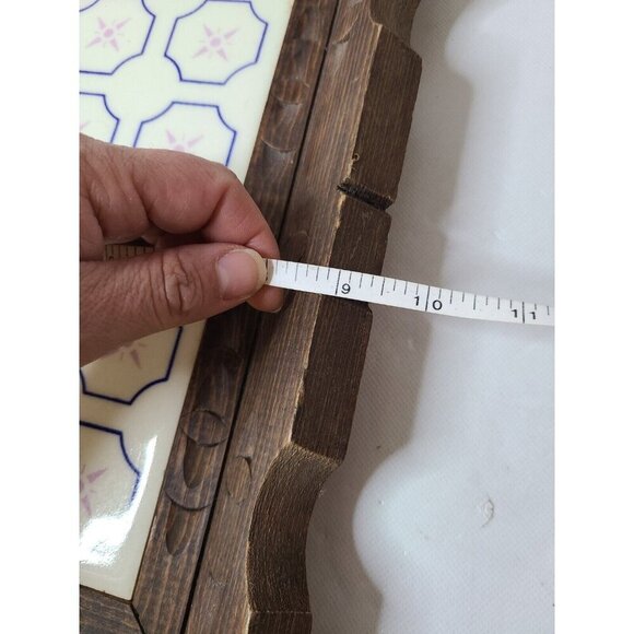 Vintage Hand Carved Wood Tray With Tile Center Rustic Traditional Decorative 14" - Picture 7 of 8